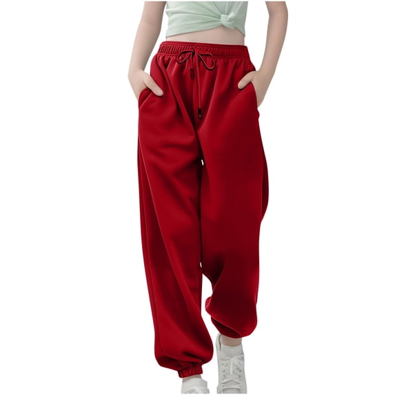 NOEGOEU Girls Baggy Sweatpants Lightweight Wide Leg Elastic Waist Comfy Joggers Casual Workout Pants (Red,13-14 Years)