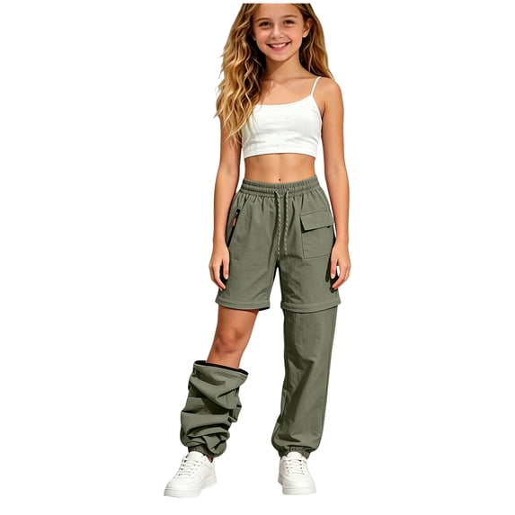 NOEGOEU Girls Cargo Pants Kids Convertible Waterproof Zip-Off Hiking Pants with Drawstring & Pockets (AG,13-14 Years)