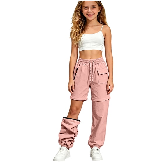 NOEGOEU Girls Cargo Pants Kids Convertible Waterproof Zip-Off Hiking Pants with Drawstring & Pockets (Pink,7-8 Years)