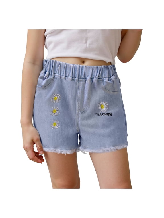 Girls Cute Embroidery Jean Shorts Elastic Waist Raw Hem Ripped Denim Shorts for 3-12 Years (Light Yellow,5-6 Years)