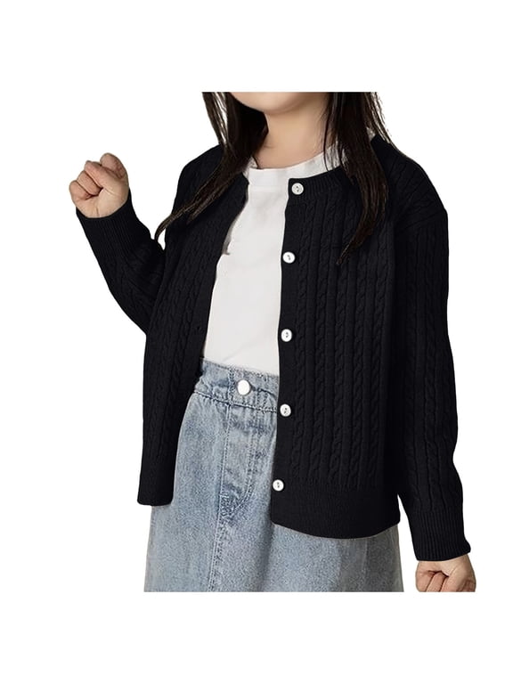 Girls Warm Knit Cardigan Cable Texture Button Down Long Sleeve Sweater Tops (Black,90)