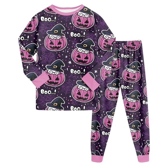 NOEGOEU Halloween Pajamas Kids Boys Girls Funny Graphic Long Sleeve Sleepwear Set 2-9 Years (Dark Purple,5-6 Years)