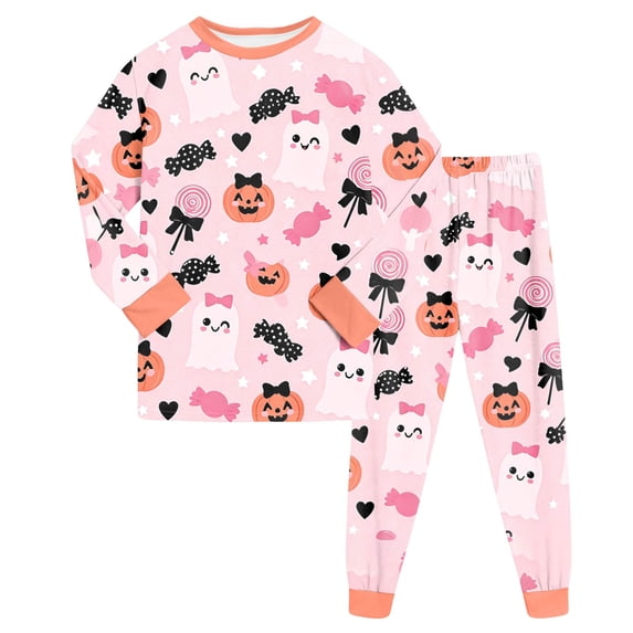 NOEGOEU Kids Cute Graphic Halloween Pajamas Boys Girls Long Sleeve Sleepwear Set 2 Piece 2-9 Years (Pink,4-5 Years)