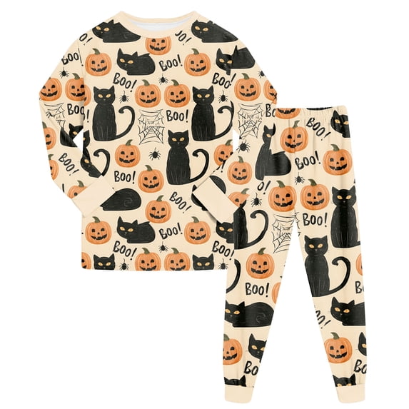 NOEGOEU Kids Halloween Pajamas Boys Girls Soft Cute Graphic Long Sleeve Top and Pants 2-9 Years (Beige,4-5 Years)
