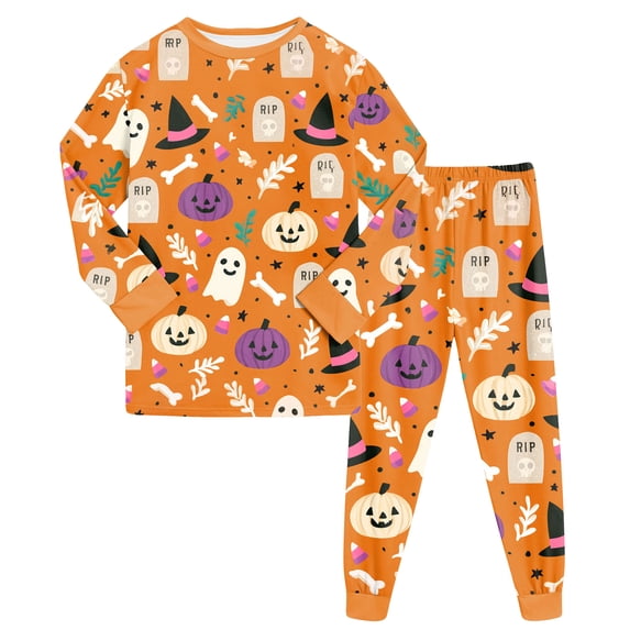 NOEGOEU Kids Halloween Pajamas Boys Girls Soft Cute Graphic Long Sleeve Top and Pants 2-9 Years (Khaki,2-3 Years)
