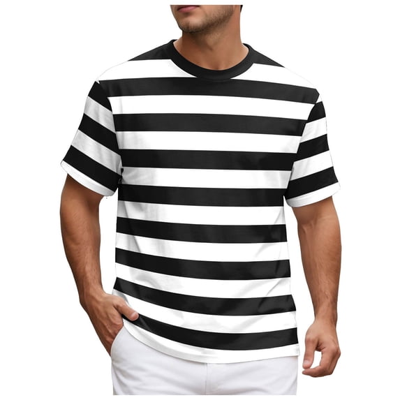 NOEGOEU Mens Short Sleeve T Shirts Striped Casual Crewneck Basic Shirt Stretch Summer Beach Tees (Black,M)