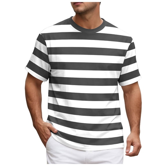 NOEGOEU Mens Short Sleeve T Shirts Striped Casual Crewneck Basic Shirt Stretch Summer Beach Tees (Dark Gray,S)