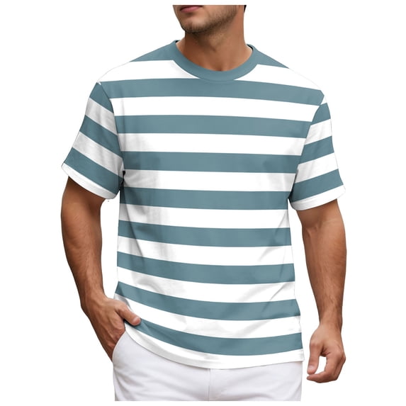 NOEGOEU Mens Short Sleeve T Shirts Striped Casual Crewneck Basic Shirt Stretch Summer Beach Tees (Light Blue,M)