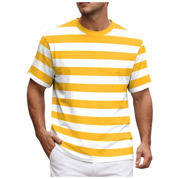 NOEGOEU Mens Short Sleeve T Shirts Striped Casual Crewneck Basic Shirt Stretch Summer Beach Tees (Yellow,XXL)