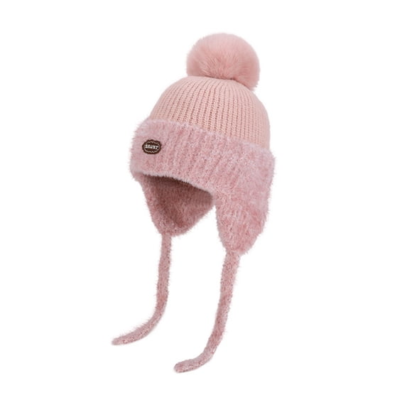 NOEGOEU Toddler Beanie Knit Fleece Earflaps Winter Hats for Kids Boys Girls Cap 4-10 Years (Pink,4-10 Years)