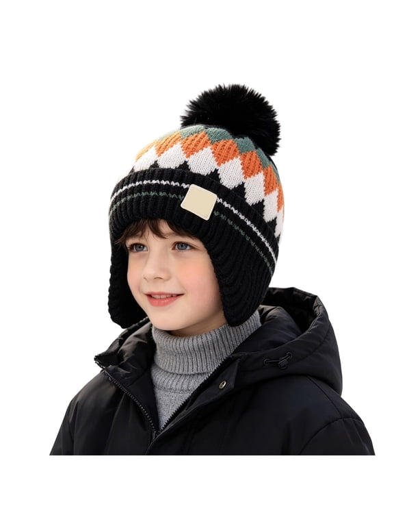 Toddler Beanies for Boys Girls Kit Pattern Earflap Kids Winter Hats with Pom Pom (Black,3-8 Years)