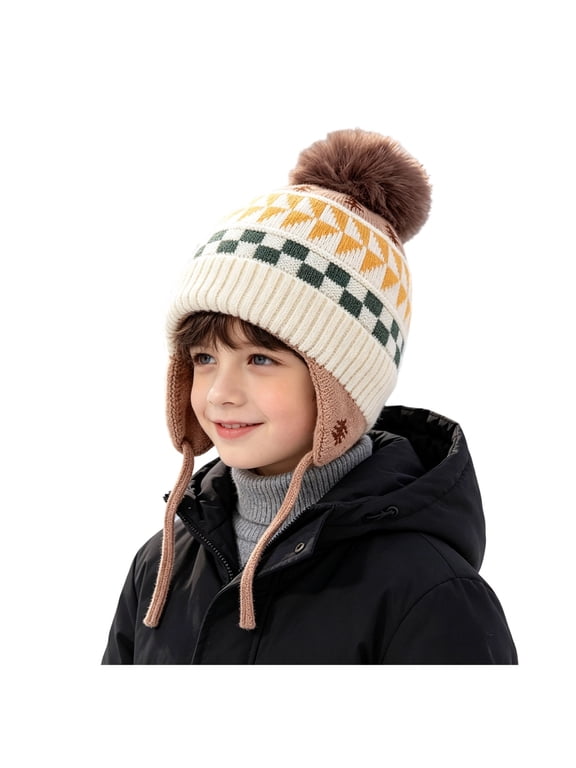 Toddler Beanies for Boys Girls Kit Pattern Earflap Kids Winter Hats with Pom Pom (White,3-8 Years)