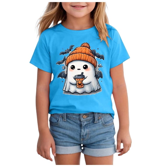 NOEGOEU Toddler Girls Halloween Shirts Short Sleeve Crewneck Tshirts Fall Graphic Tees Cute Tops (Blue,2-3 Years)
