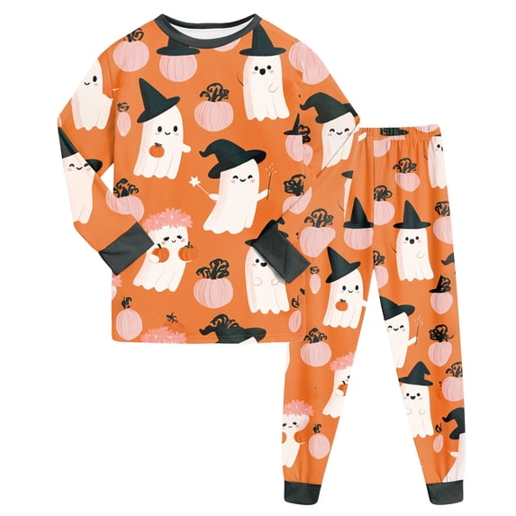 NOEGOEU Toddler Halloween Pajamas Kids Boys Girls Cute Graphic Long Sleeve Sleepwear Set (Orange,3-4 Years)