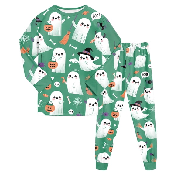 NOEGOEU Toddler Halloween Pajamas Kids Boys Girls Long Sleeve Top and Pants Sleepwear Set (Green,7-8 Years)