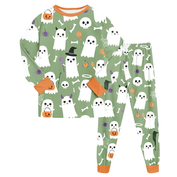 NOEGOEU Toddler Halloween Pajamas Kids Boys Girls Long Sleeve Top and Pants Sleepwear Set (Light Green,6-7 Years)