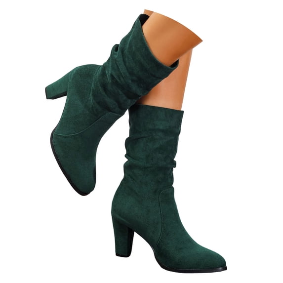 LIWENLI Women's Fall Mid Calf Slouch Boots with Chunky Heel Pull-on Pointed Toe High Heel Boots (Green,40)