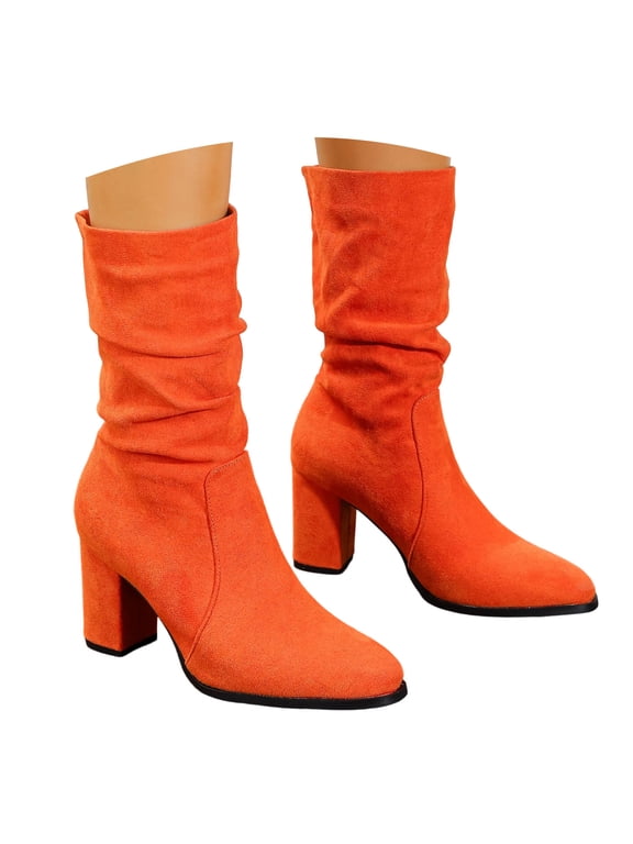 Women's Fall Mid Calf Slouch Boots with Chunky Heel Pull-on Pointed Toe High Heel Boots (Orange,36)