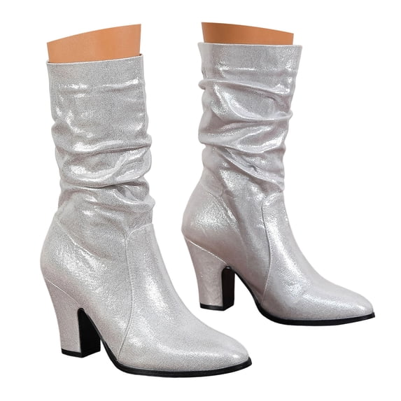 LIWENLI Women's Fall Mid Calf Slouch Boots with Chunky Heel Pull-on Pointed Toe High Heel Boots (Silver,41)