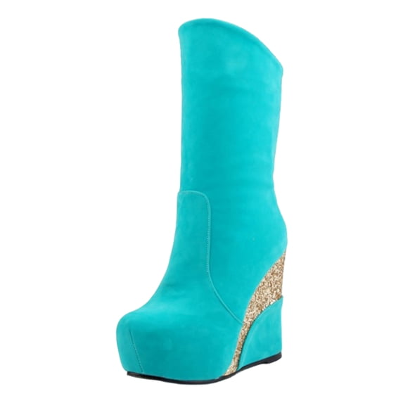 NOEGOEU Women's Glitter Wedge Heels Boots Platform High Heel Slip On Suede Fall Winter Boots (Blue,38)