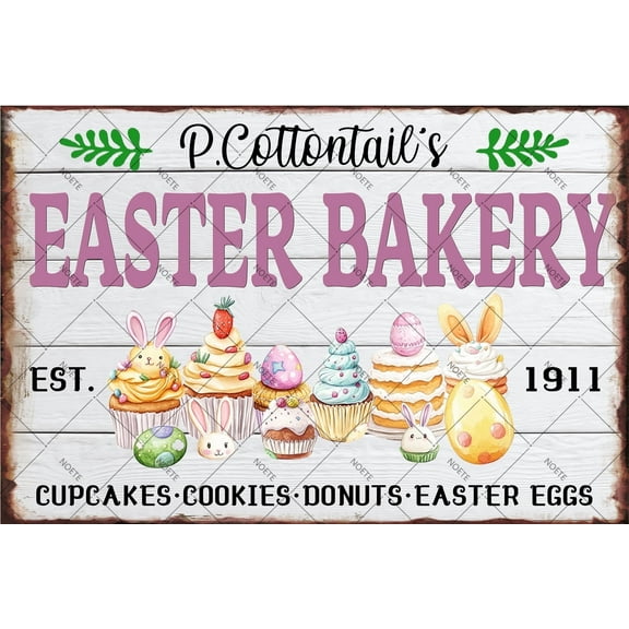 Noete Easter Tin Sign Bakery Decor 12x16 inch Primitive Country Bunny Art for Home, Farmhouse, Cafe & Classroom Vintage Bakery Decorations for Easter, Kids & Family