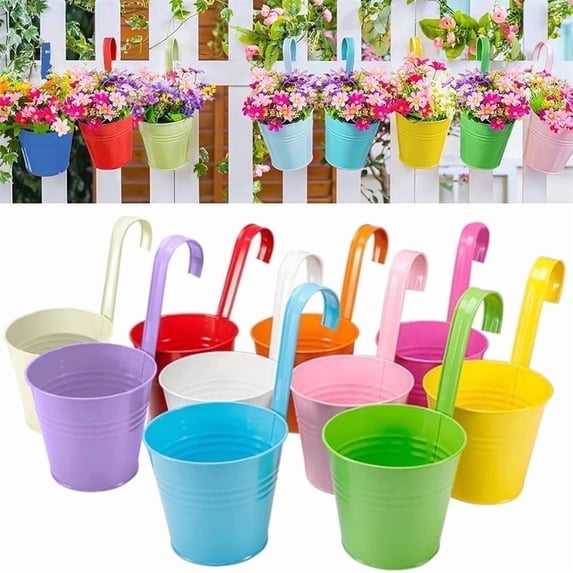 NOGIS 10 Pack 4" Metal Hanging Flower Pots, Railing Planter, Small Hanging Planter for Outside Outdoor Fence, Deck and Rail