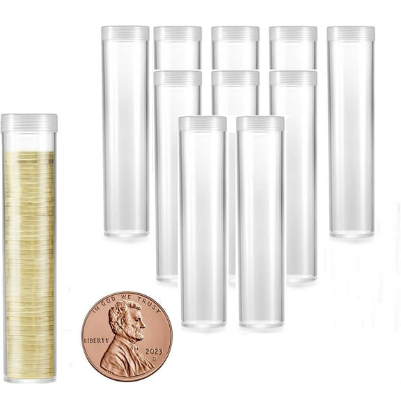 NOGIS 10 Pack Coin Storage Tube for Cent, Plastic Coin Holders Tube with Screw-On Caps, Coin Collection Supplies,Long-Term Coin Storage (Dia：0.8inch/20.5mm)