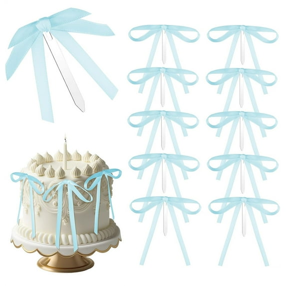 NOGIS 10 Pcs Blue Bow Ribbon Cake Toppers 3 x 5 Inches Satin Bow Cake Toppers Coquette Party Decorations for Wedding Bridal Gender Reveal Baby Shower Bachelorette Party Supplies