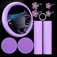 thumbnail image 1 of NOGIS 10 Pcs Leather Steering Wheel Cover for Women Cute Car Accessories Set with Seat Belt Shoulder Pads Seatbelt Covers Cup Holders Bling Start Button Ring Sticker Air Vent Clip (Purple), 1 of 7