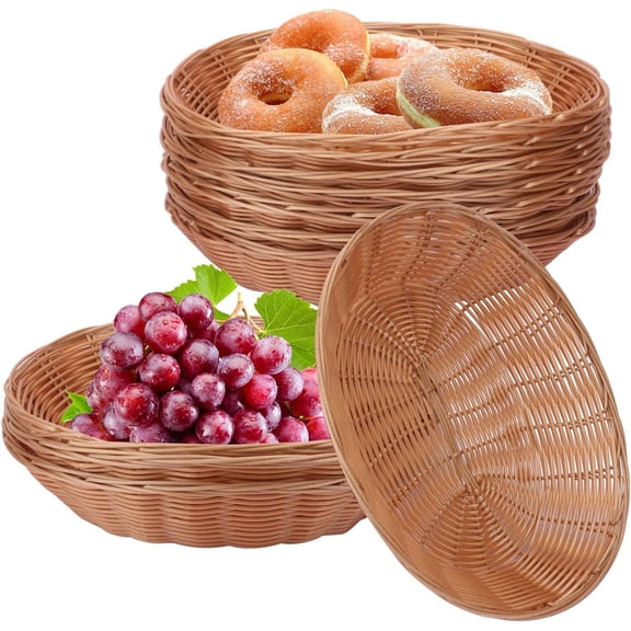 NOGIS 10 Pcs Oval Plastic Bread Basket, 8.7 x 6.7 x 2.4 Inch Small Woven Wicker Basket for Serving, Stackable Food Storage Baskets Empty Gift Baskets for Fruit, Kitchen, Christmas