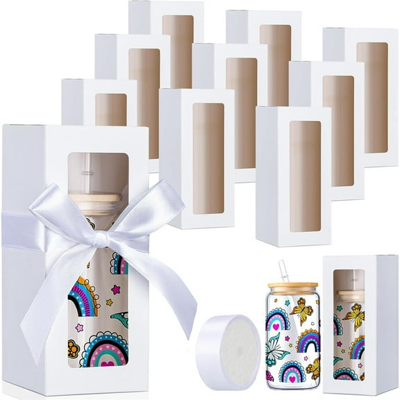 NOGIS 10 Pcs Sublimation Glass Gift Boxes Christmas Thank You Glass Cup Boxes with Ribbon Gift Wrap Boxes for Thanksgiving Christmas Shipping Blanks Sublimation Gift Wrapping (White)