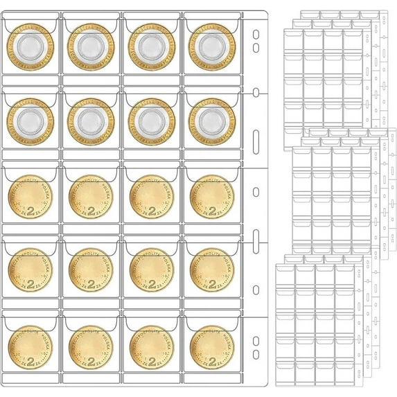 NOGIS 10 Sheets Coin Collection Supplies Pages, Coins Collecting Pocket Page with Standard 9 Hole Coin Binder Sleeves for Coin Stamp Currency Collection (20 Pocket)
