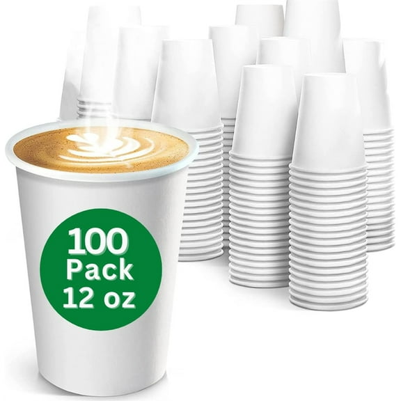 NOGIS 100 Count 12 oz Disposable White Paper Coffee Cups, To Go Hot Cups for Coffee, Chocolate, Juice, Hot or Cold Beverage Drinking Cup Suitable for Party, Office, Travel, and Events