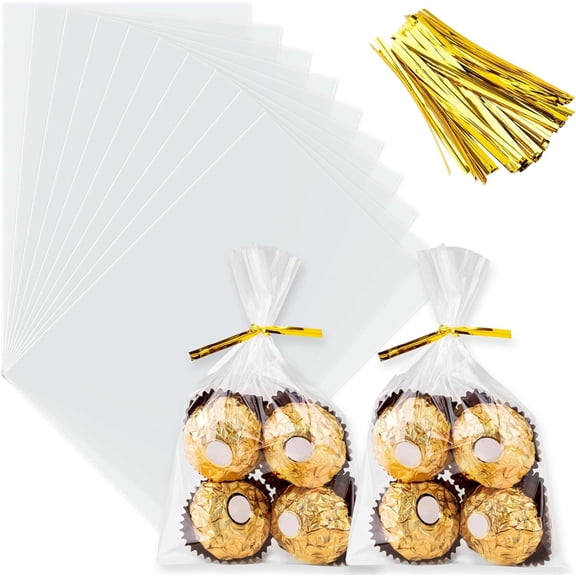 NOGIS 100 PCS Cellophane Treat Bags, 4x6 In Clear Cellophane Gift Bags with Twist Ties Plastic Goodie Bag for Party Favor Cookie Candy Popcorn Bakery Chocolate Gift Wrapping