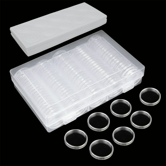 NOGIS 100 Pack 30mm Clear Round Coin Capsules with 5 Sizes (17/20/25/27/30mm) Protect Gasket and Plastic Storage Organizer Box for Coin Collection Supplies, White