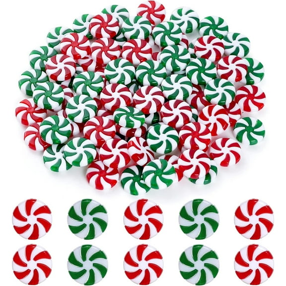 NOGIS 100 Pcs Christmas Candy for Crafts Plastic Fake Candy Decor Peppermint Ornaments Rainbow Mini Faux Candy for Tree Hanging DIY Xmas Decor Party Decoration Craft (Red Green Windmill)