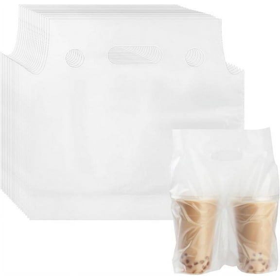 NOGIS 100 Pcs Clear Handle Drink Drinking Poly Plastic Packaging Bags,Drink Carriers for Delivery Take Out Cup Holder Bar Restaurant Coffee Shop Supplies Cup Carrier (2 Cup (11 x 12 Inch))