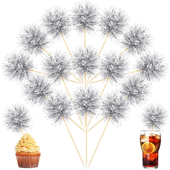 NOGIS 100 Pcs Firework Cupcake Toppers Cocktail Picks Tinsel Cupcake Picks Foil Frill Toothpicks Holiday Cake Decorations Fruit Food Pick for Wedding Birthday Graduation Party Decor (Silver)