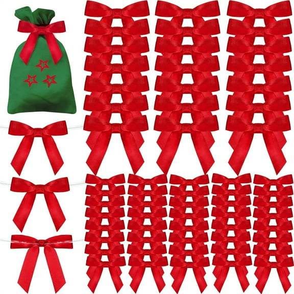 NOGIS 100 Pieces Mini Satin Ribbon Twist Tie Bows DIY Twist Bow Crafts Tying Up for Halloween Christmas Wedding Gift Wrapping Candy Treat Bags Decoration (Red)