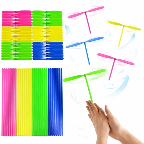 NOGIS 100 Set Hand Helicopter Set, 100 Propeller+ 100 Rod Bamboo Dragonfly Helicopter Toy, Aero Props Hand Spinner Flying disc Launcher Outdoor Toys Flying Party Gift Favors (Random Color)