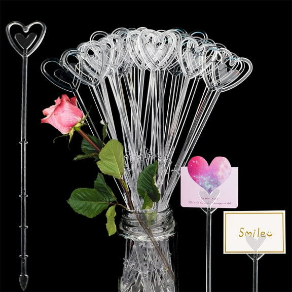 NOGIS 100PCS Plastic Floral Place Card Holder,9 Inch Transparent Heart Flower Picks Photo Memo Clips Gift Card Holder for Flower Arrangements,Wedding and Birthday Party