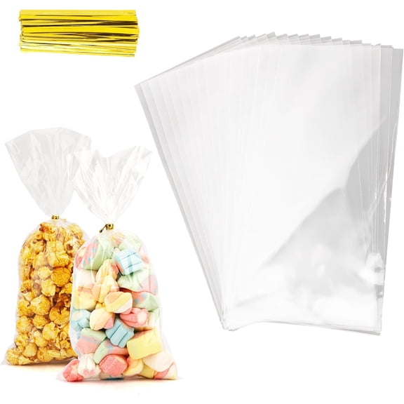 NOGIS 100Pcs 6X10 inch Bottom Gusset Bags Clear Cellophane Gift Bags Plastic Gift Wrap Cello Bags for Party Favor Treats, Goodie,Bakery Cookie, Candy with 5" Twist Ties