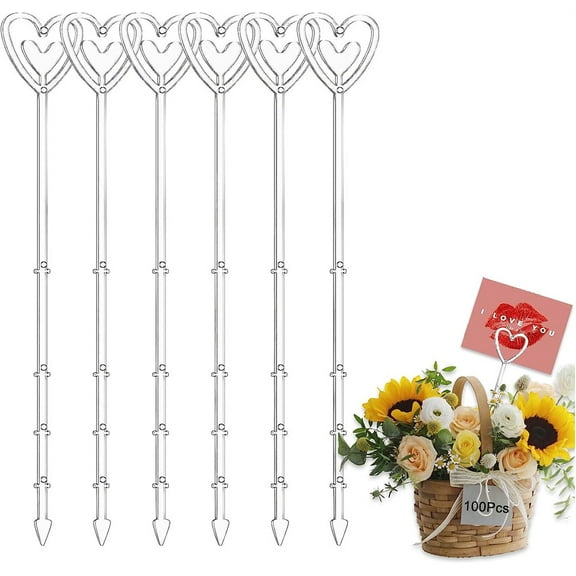 NOGIS 100Pcs Plastic Floral Pick Card Holder Short, Heart Flower Card Holder Stick for Gift Cards,Place Cards,Photos,Food Labels for Weddings,Birthday Parties,Decorations