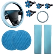 NOGIS 10PCS Leather Steering Wheel Cover for Women,Cute Car Accessories Set with Seat Belt Shoulder Pads, Cup Holders Bling Start Button Ring Sticker Air Vent Clip,Car Accessories Blue