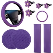 NOGIS 10PCS Leather Steering Wheel Cover for Women,Cute Car Accessories Set with Seat Belt Shoulder Pads, Cup Holders Bling Start Button Ring Sticker Air Vent Clip,Car Accessories Purple