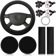 NOGIS 10PCS Leather Steering Wheel Cover for Women,Cute Car Accessories Set with Seat Belt Shoulder Pads, Cup Holders Bling Start Button Ring Sticker Air Vent Clip,Car Accessories Black