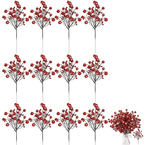 NOGIS 12 PCS Artificial Christmas Berry Picks, 11.4" Faux Berry Stems Spray with Glitter Paillette for DIY Crafts Wreath Garland Party Christmas Ornaments Décor (Red)