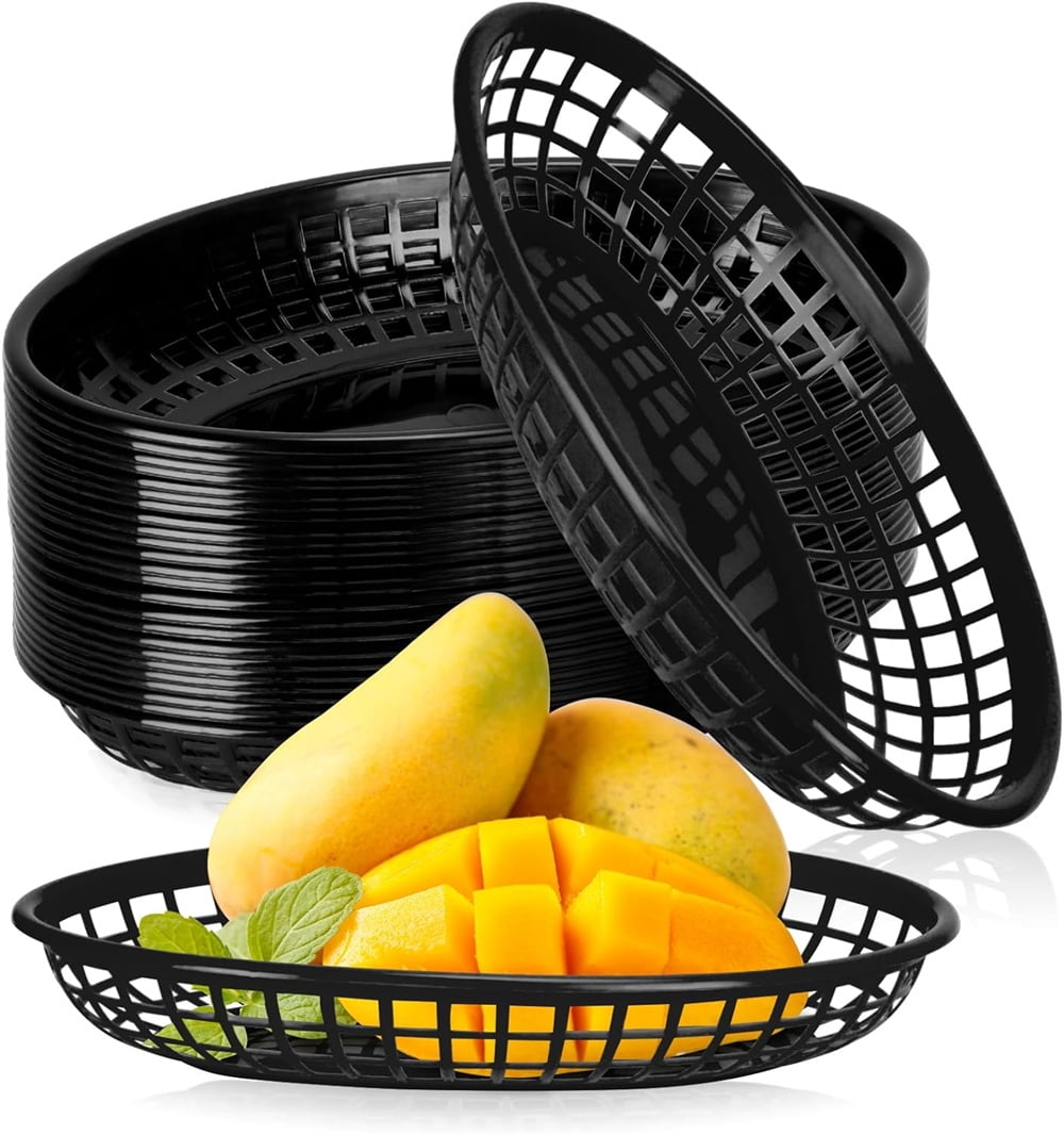 NINGWAAN 50 Pack Black Plastic Fast Food Baskets - 9x5.6 Inch Oval Serving Baskets For Parties & Home