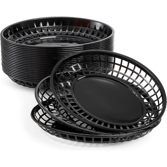 NOGIS 12 Pack 8.9 x 5.6 x 1.5 Inch Black Plastic Fast Food Baskets, Restaurant Serving Baskets, elliptic Fast Food Serving Baskets for Picnic, Deli Serving, Chicken, Burgers and Fries