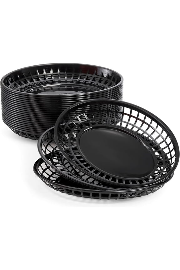 12 Pack 8.9 x 5.6 x 1.5 Inch Black Plastic Fast Food Baskets, Restaurant Serving Baskets, elliptic Fast Food Serving Baskets for Picnic, Deli Serving, Chicken, Burgers and Fries
